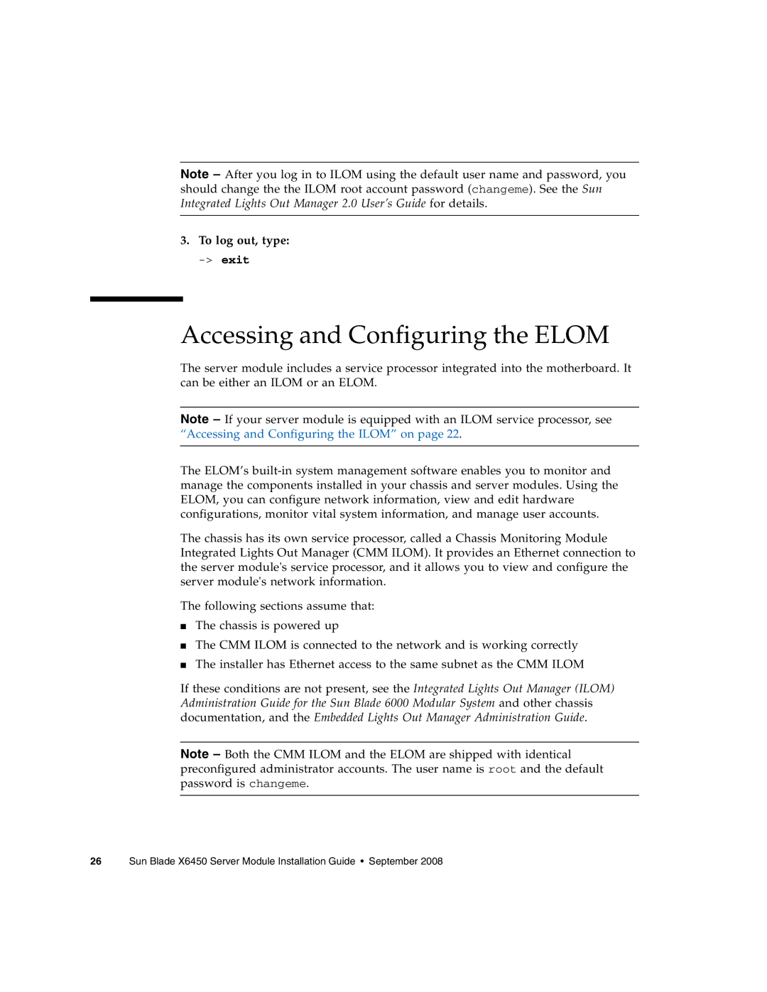 Sun Microsystems X6450 manual Accessing and Configuring the Elom, To log out, type 