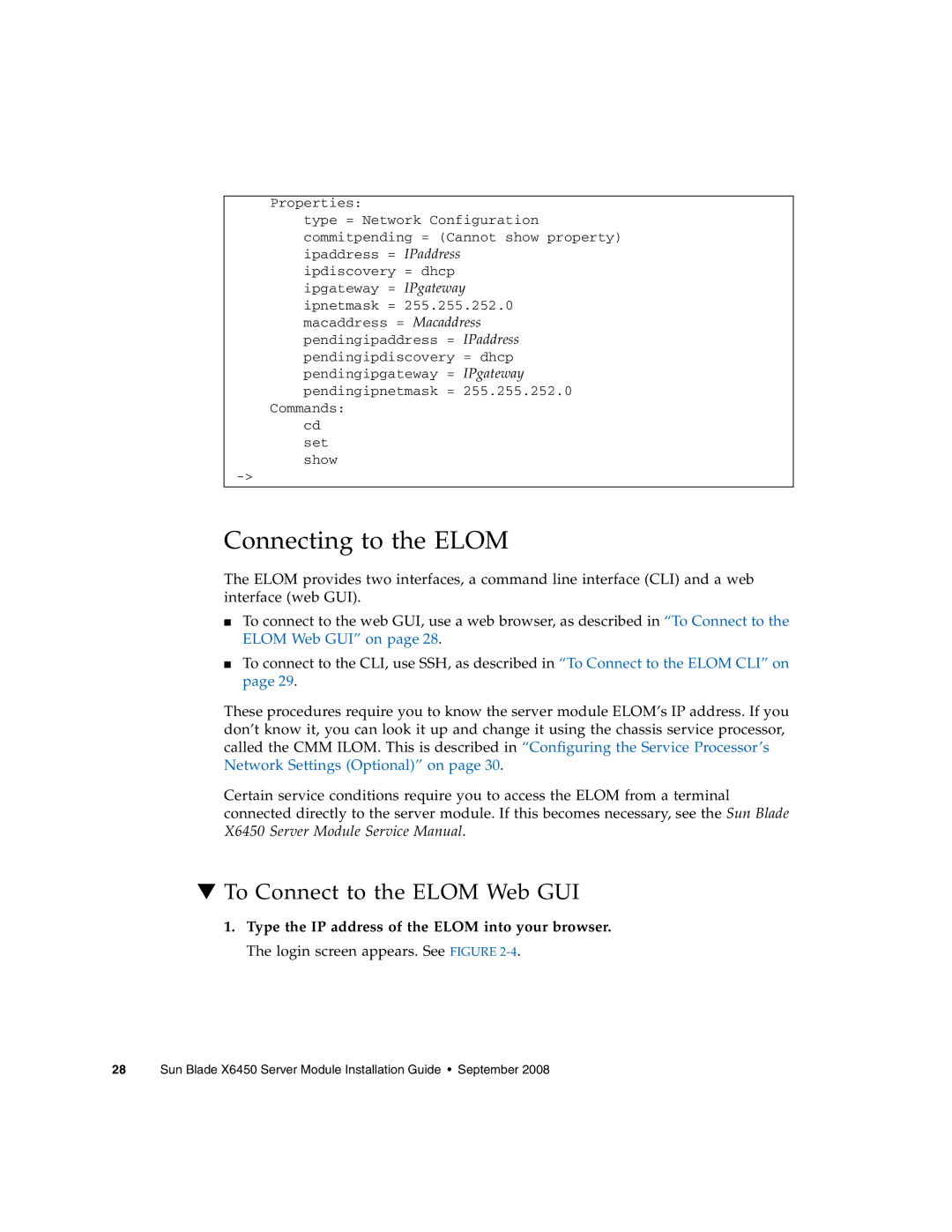 Sun Microsystems X6450 manual Connecting to the Elom, To Connect to the Elom Web GUI 