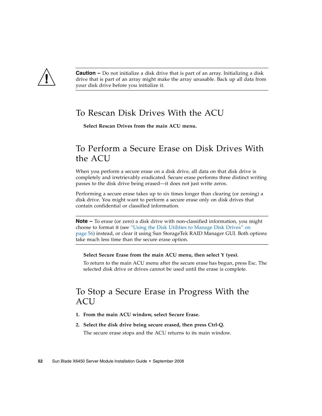 Sun Microsystems X6450 manual To Rescan Disk Drives With the ACU, To Perform a Secure Erase on Disk Drives With the ACU 