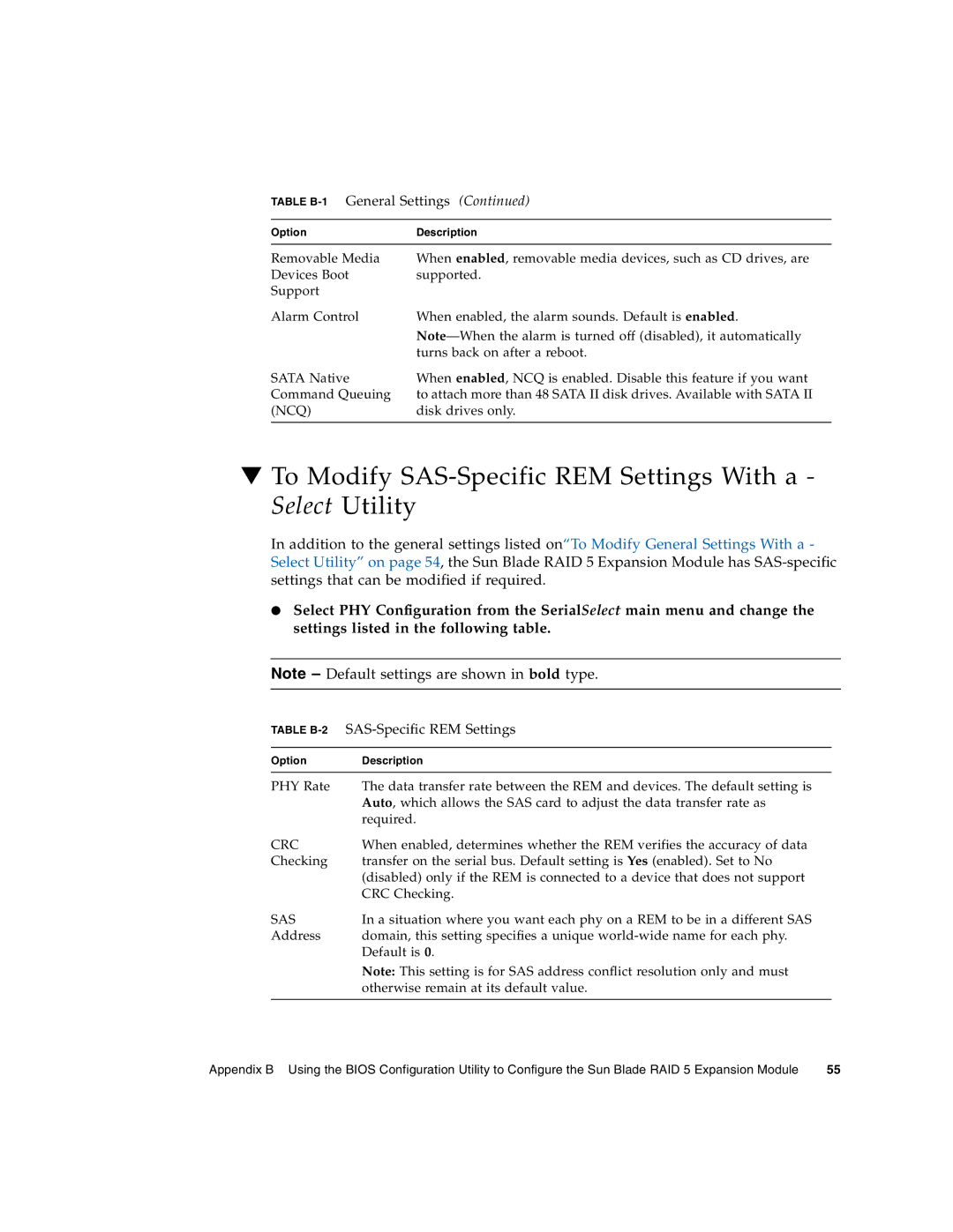 Sun Microsystems X6450 manual To Modify SAS-Specific REM Settings With a Select Utility, Table B-2SAS-Specific REM Settings 