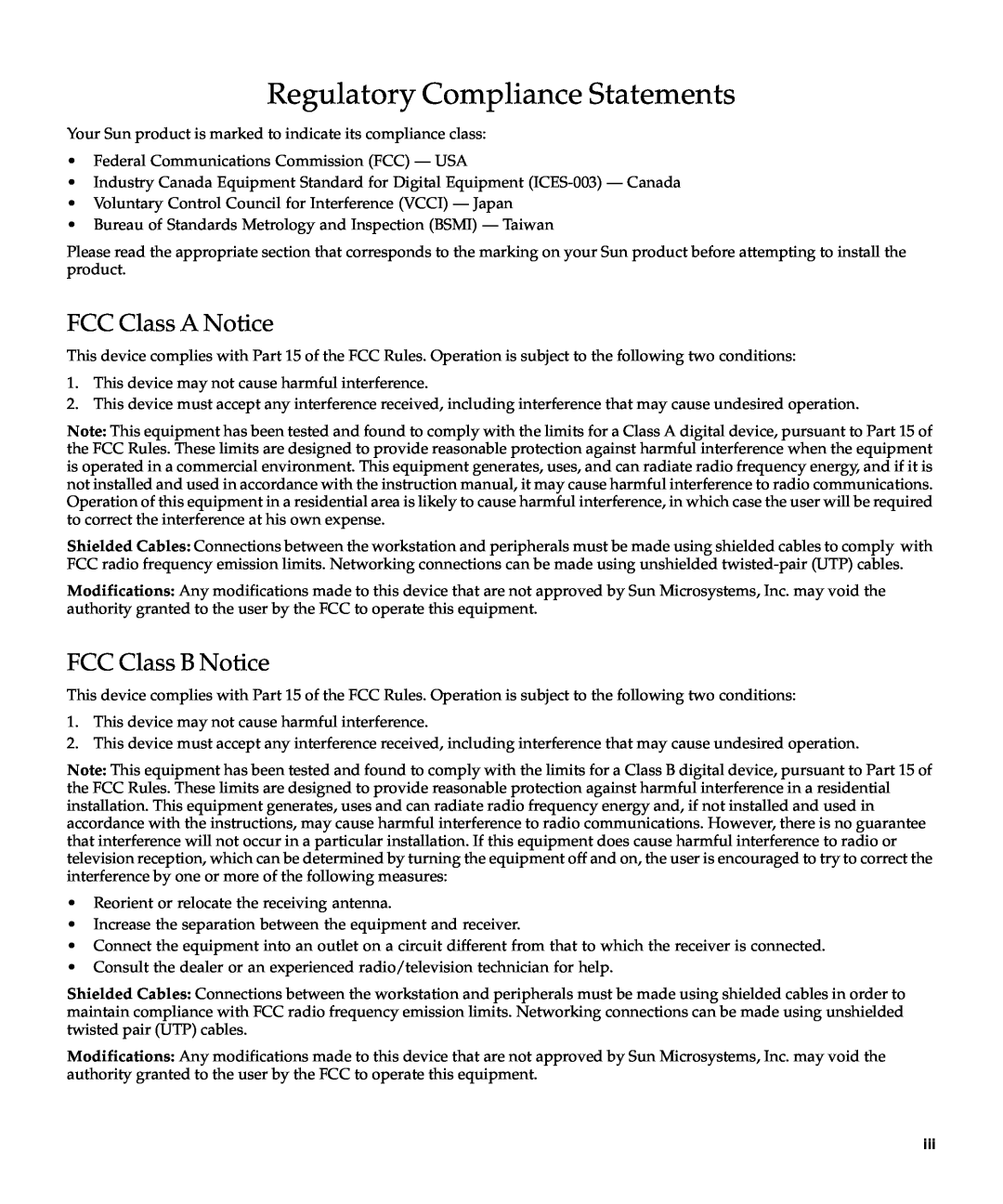 Sun Microsystems XVR-100 manual Regulatory Compliance Statements, FCC Class A Notice, FCC Class B Notice 