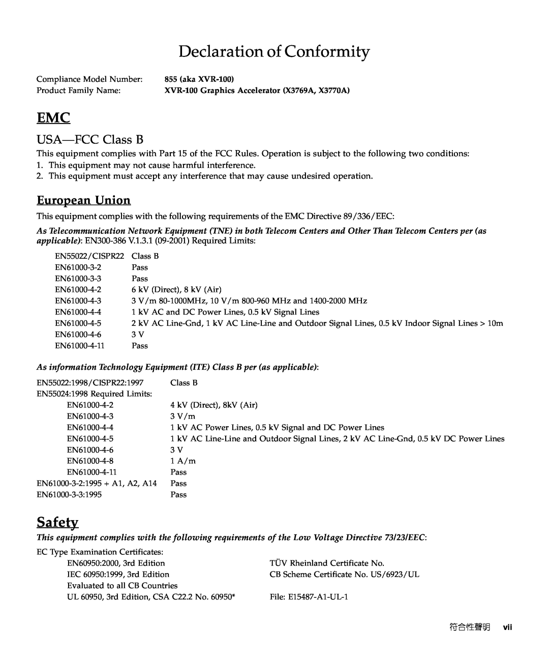 Sun Microsystems XVR-100 manual Declaration of Conformity, Safety, USA-FCC Class B, European Union, Compliance Model Number 