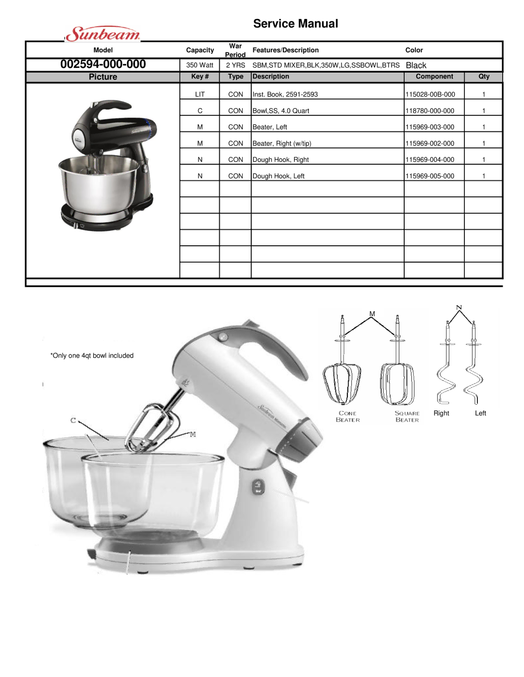 Sunbeam 002594-000-000 service manual Picture, Model Capacity War Features/Description Color Period 