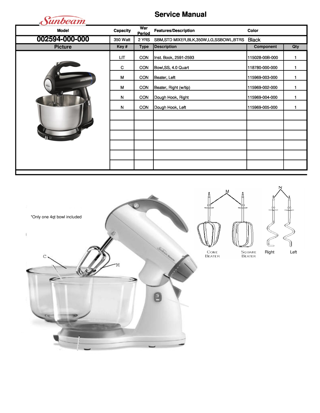Sunbeam 002594-000-000 service manual Black, Picture, M Only one 4qt bowl included, Right Left, Model, Capacity, Color 