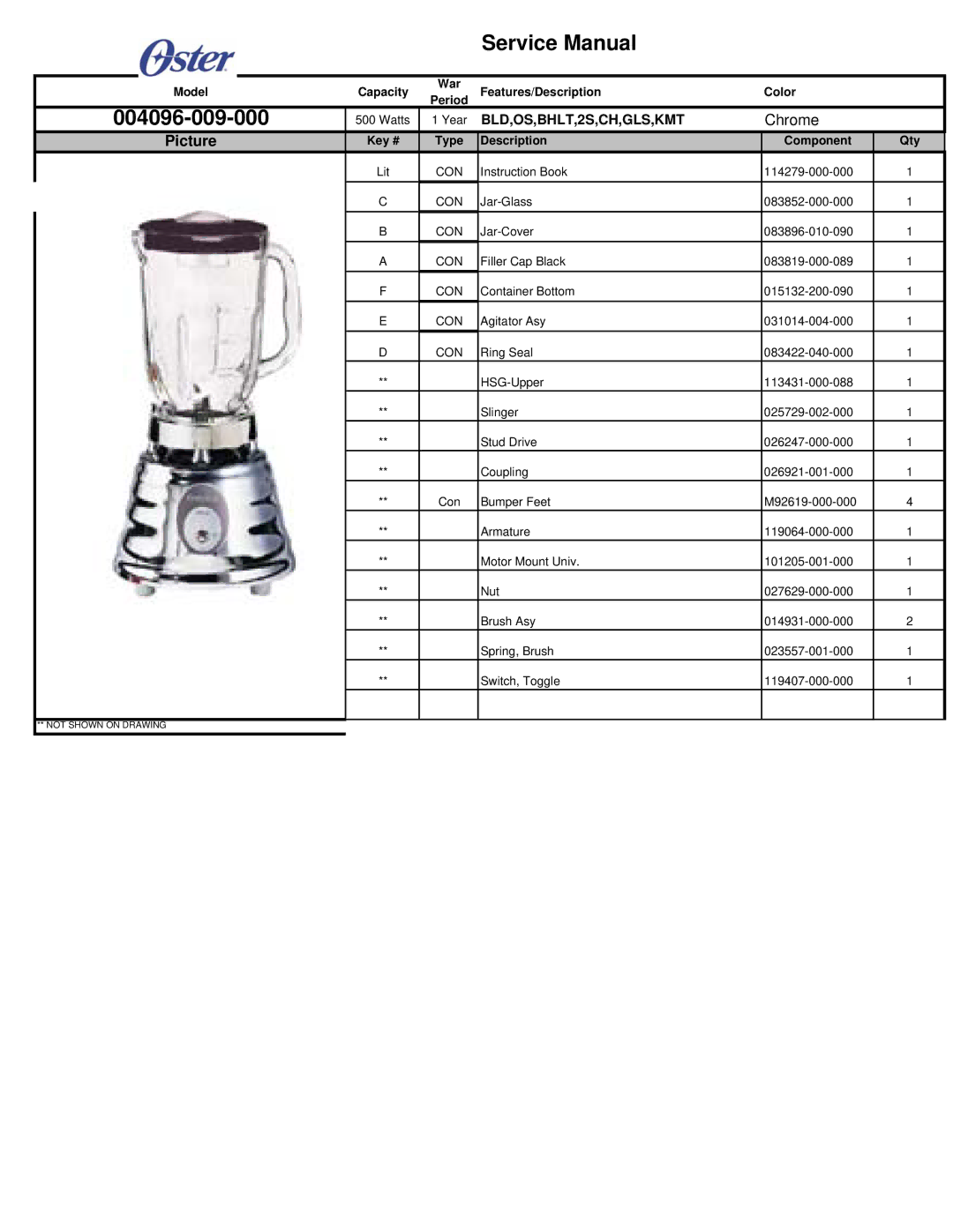 Sunbeam 004096-009-000 service manual Picture, Model Capacity War Features/Description Color Period 