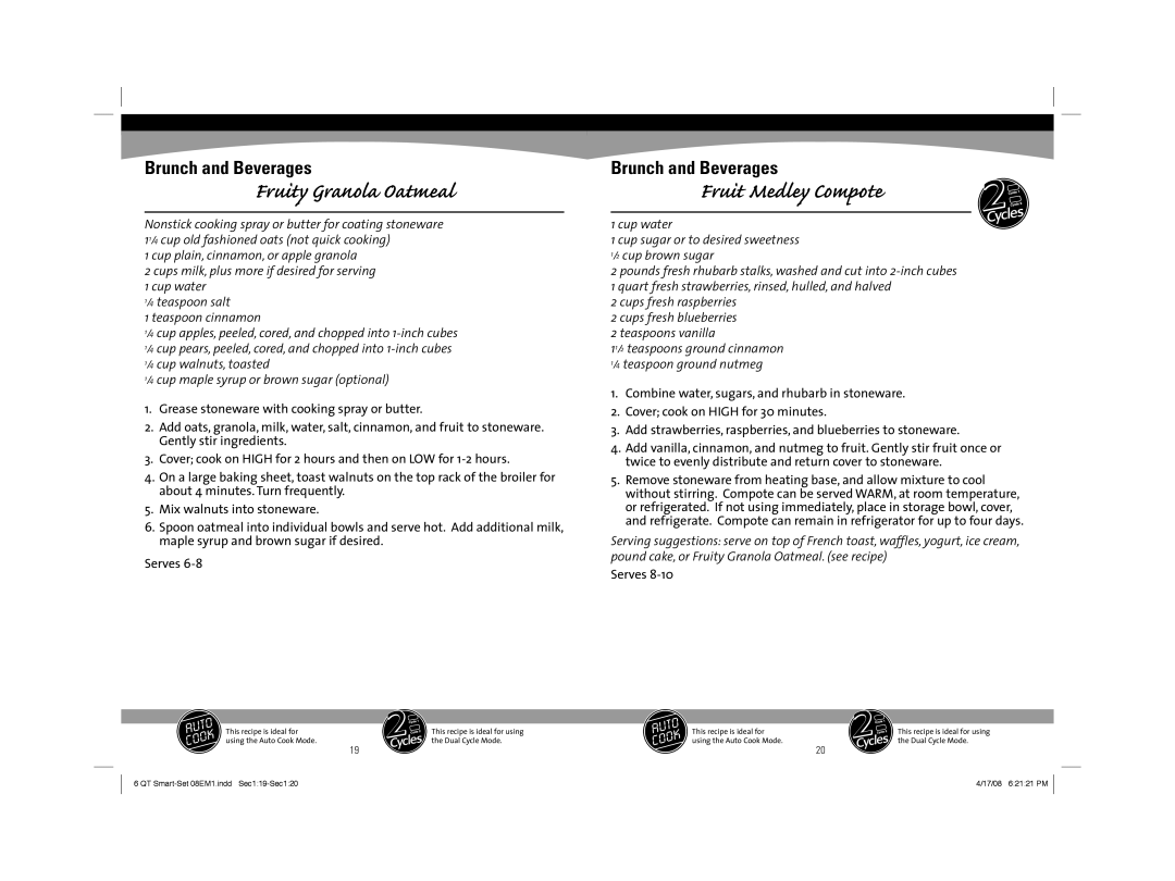 Sunbeam 08EM1 owner manual Fruity Granola Oatmeal, Fruit Medley Compote 