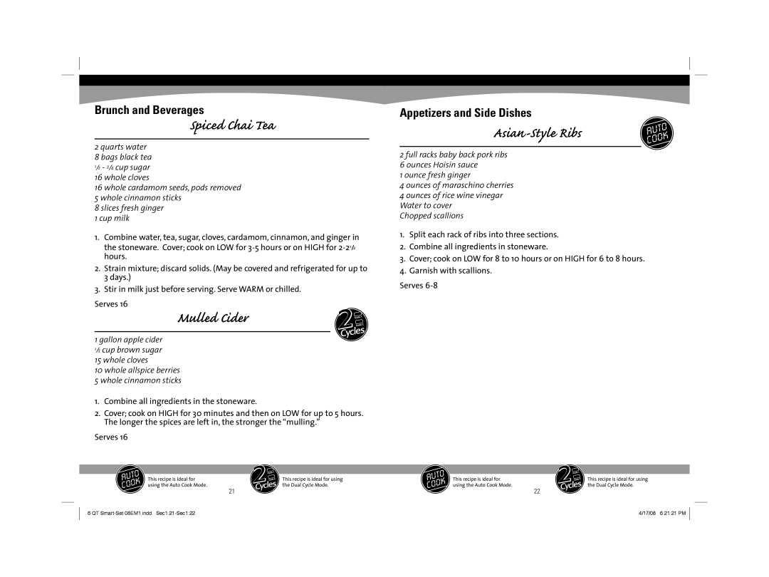 Sunbeam 08EM1 owner manual Spiced Chai Tea, Mulled Cider, Asian-Style Ribs 