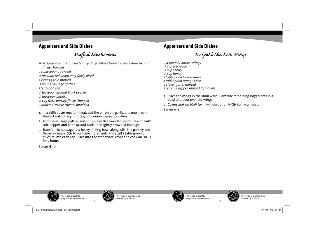 Sunbeam 08EM1 owner manual Stuffed Mushrooms, Teriyaki Chicken Wings 