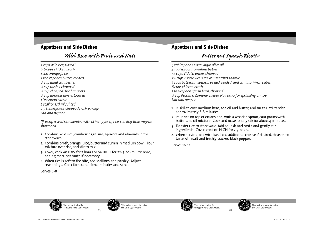 Sunbeam 08EM1 owner manual Wild Rice with Fruit and Nuts, Butternut Squash Risotto 