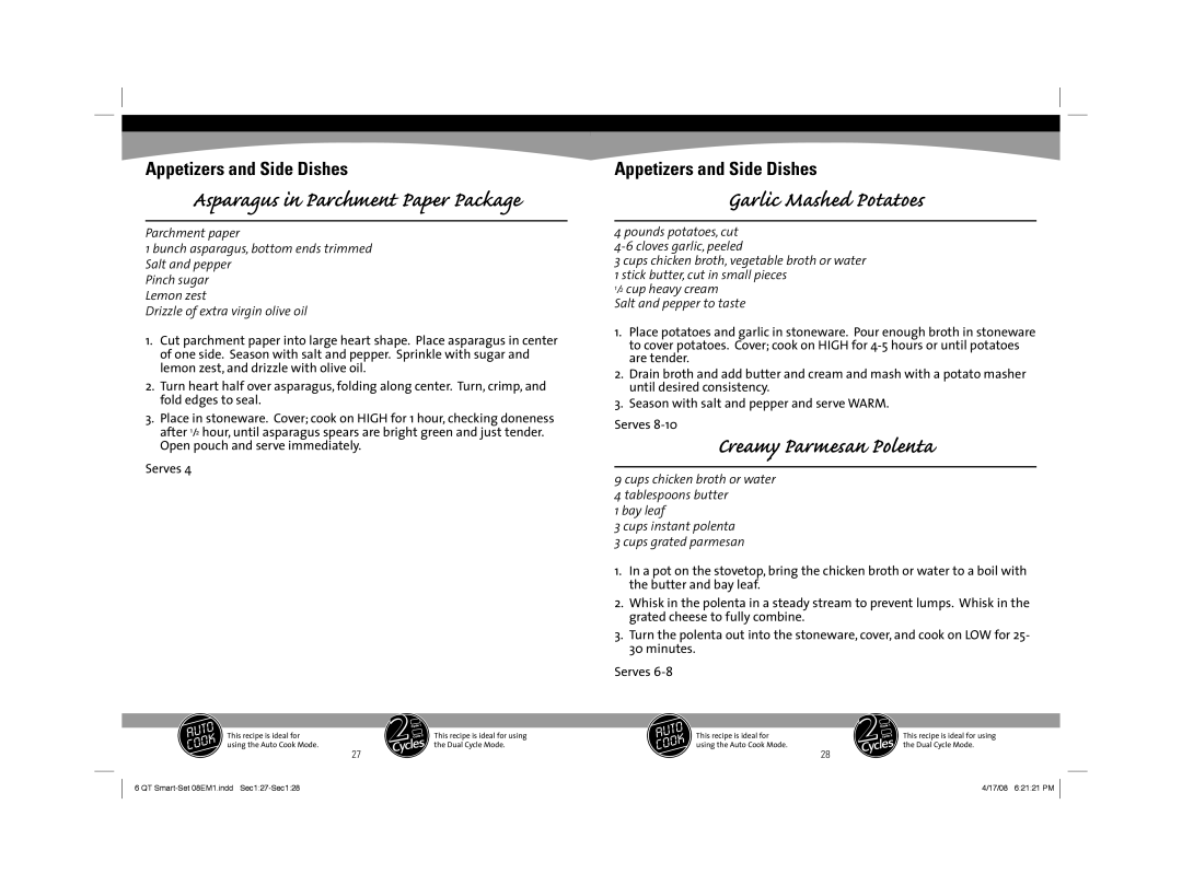 Sunbeam 08EM1 owner manual Garlic Mashed Potatoes, Creamy Parmesan Polenta 