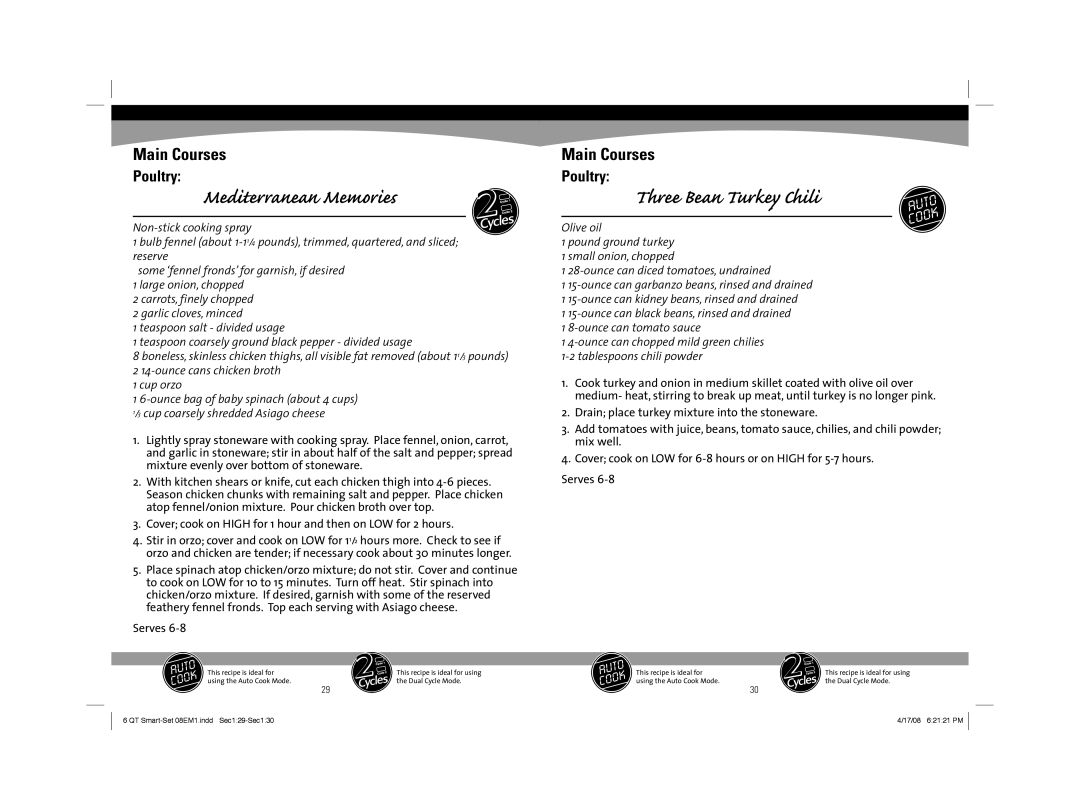 Sunbeam 08EM1 owner manual Mediterranean Memories, Three Bean Turkey Chili, Poultry 