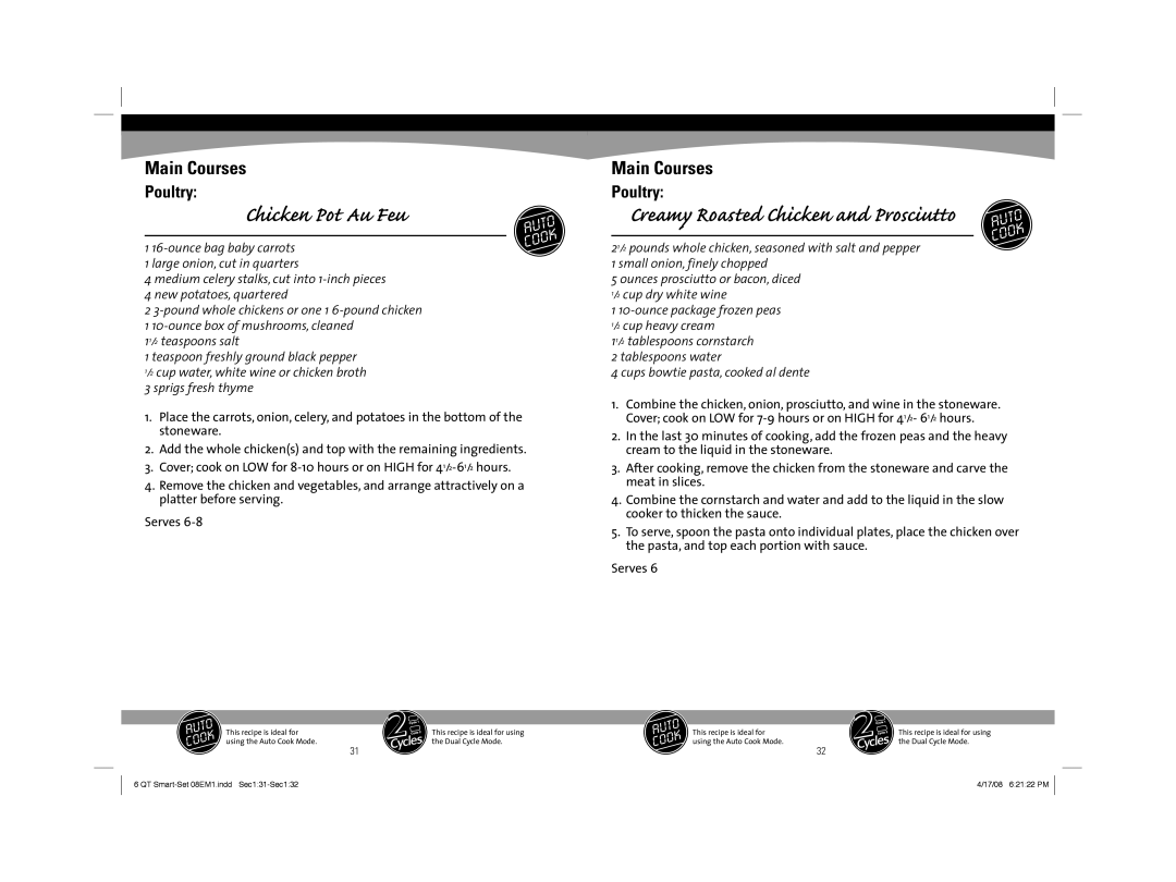 Sunbeam 08EM1 owner manual Chicken Pot Au Feu, Creamy Roasted Chicken and Prosciutto 