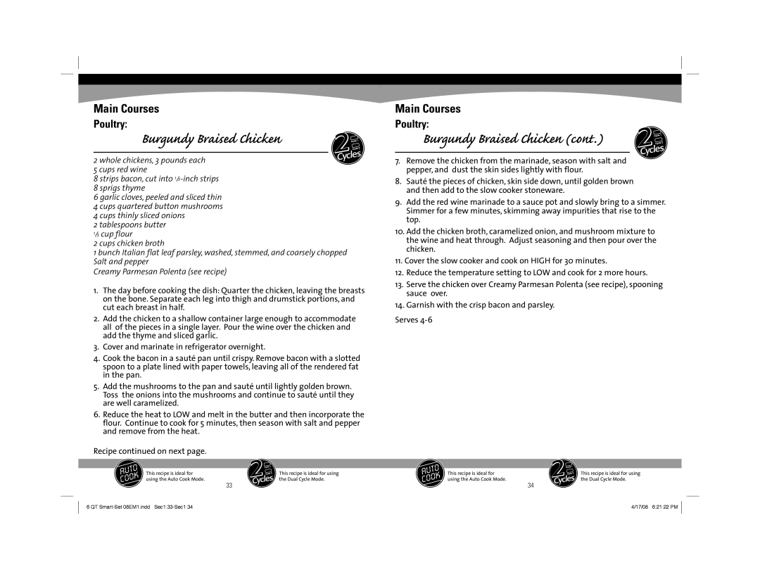 Sunbeam 08EM1 owner manual Burgundy Braised Chicken 