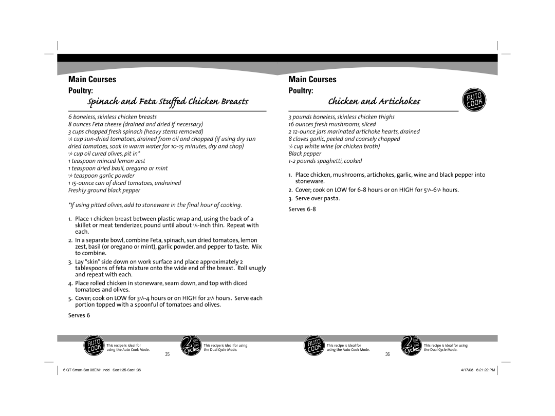 Sunbeam 08EM1 owner manual Chicken and Artichokes, Spinach and Feta Stuffed Chicken Breasts 