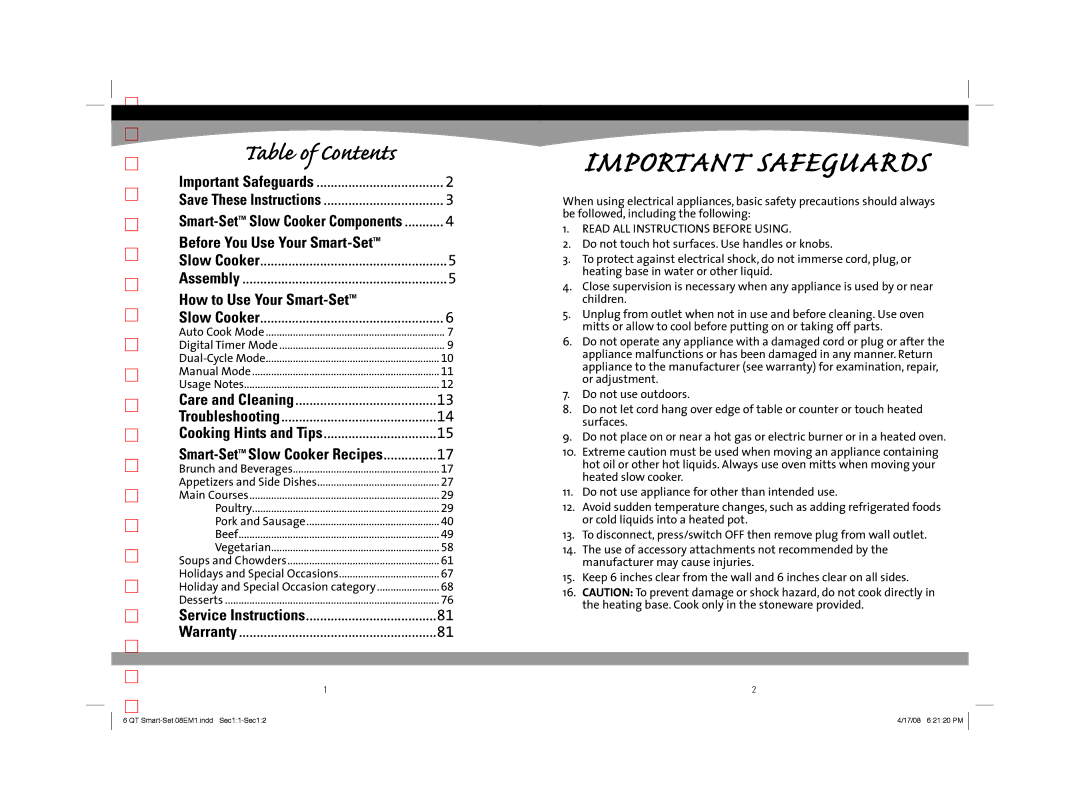 Sunbeam 08EM1 owner manual Important Safeguards, Table of Contents 