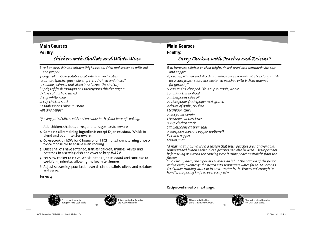 Sunbeam 08EM1 owner manual Curry Chicken with Peaches and Raisins, Chicken with Shallots and White Wine 