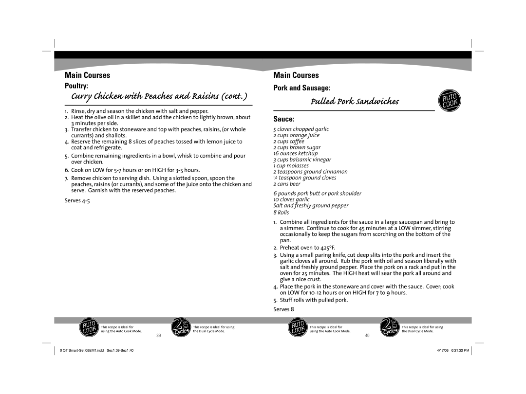 Sunbeam 08EM1 owner manual Pulled Pork Sandwiches, Pork and Sausage, Sauce 