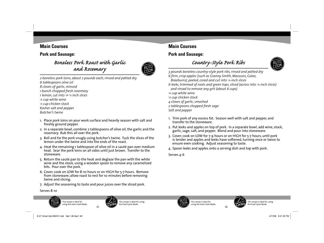 Sunbeam 08EM1 owner manual Boneless Pork Roast with Garlic Rosemary, Country-Style Pork Ribs 