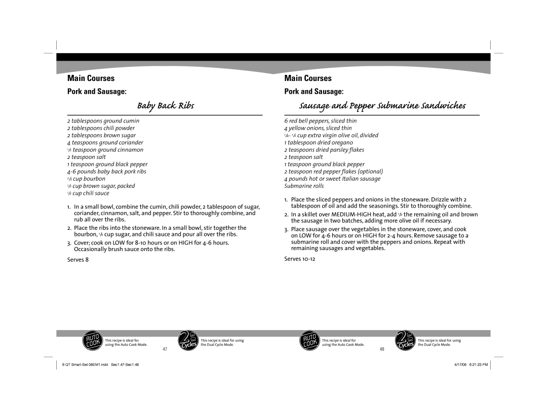 Sunbeam 08EM1 owner manual Baby Back Ribs, Sausage and Pepper Submarine Sandwiches 