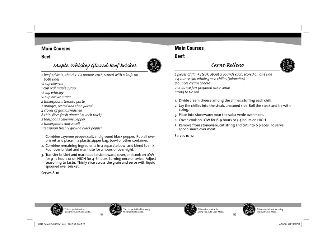 Sunbeam 08EM1 owner manual Maple Whiskey Glazed Beef Brisket, Carne Relleno 