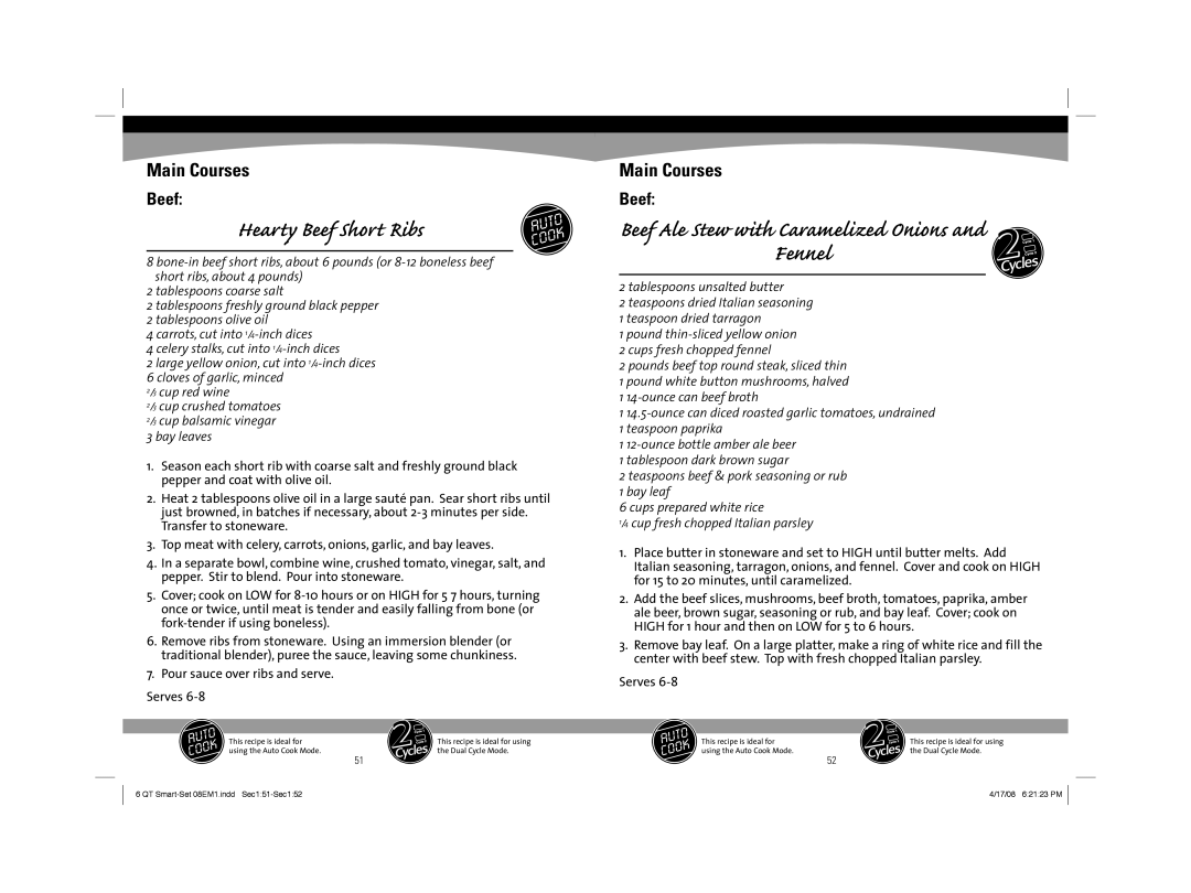 Sunbeam 08EM1 owner manual Hearty Beef Short Ribs, Beef Ale Stew with Caramelized Onions Fennel 