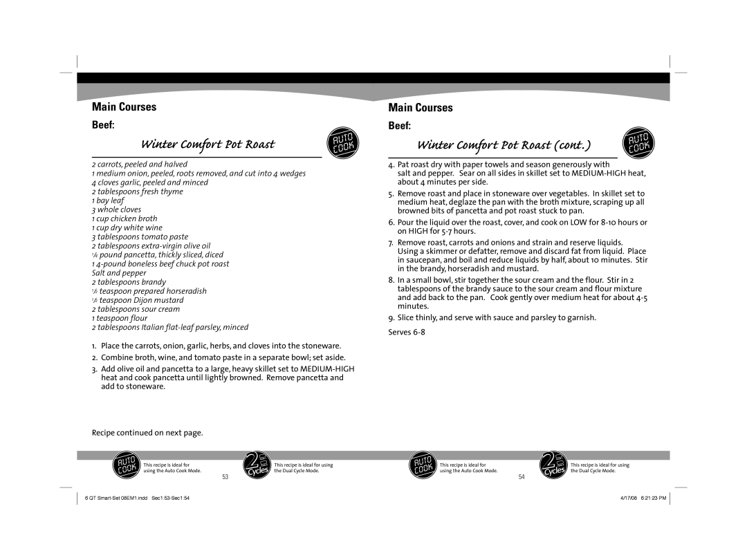 Sunbeam 08EM1 owner manual Winter Comfort Pot Roast 