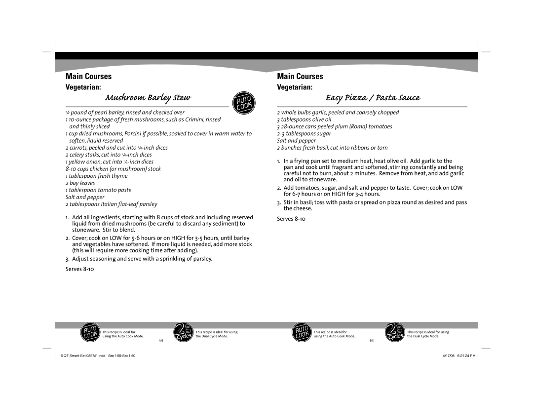Sunbeam 08EM1 owner manual Mushroom Barley Stew, Easy Pizza / Pasta Sauce 