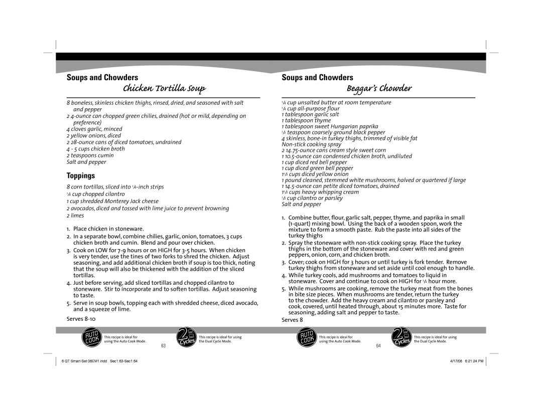 Sunbeam 08EM1 owner manual Chicken Tortilla Soup, Beggar’s Chowder 