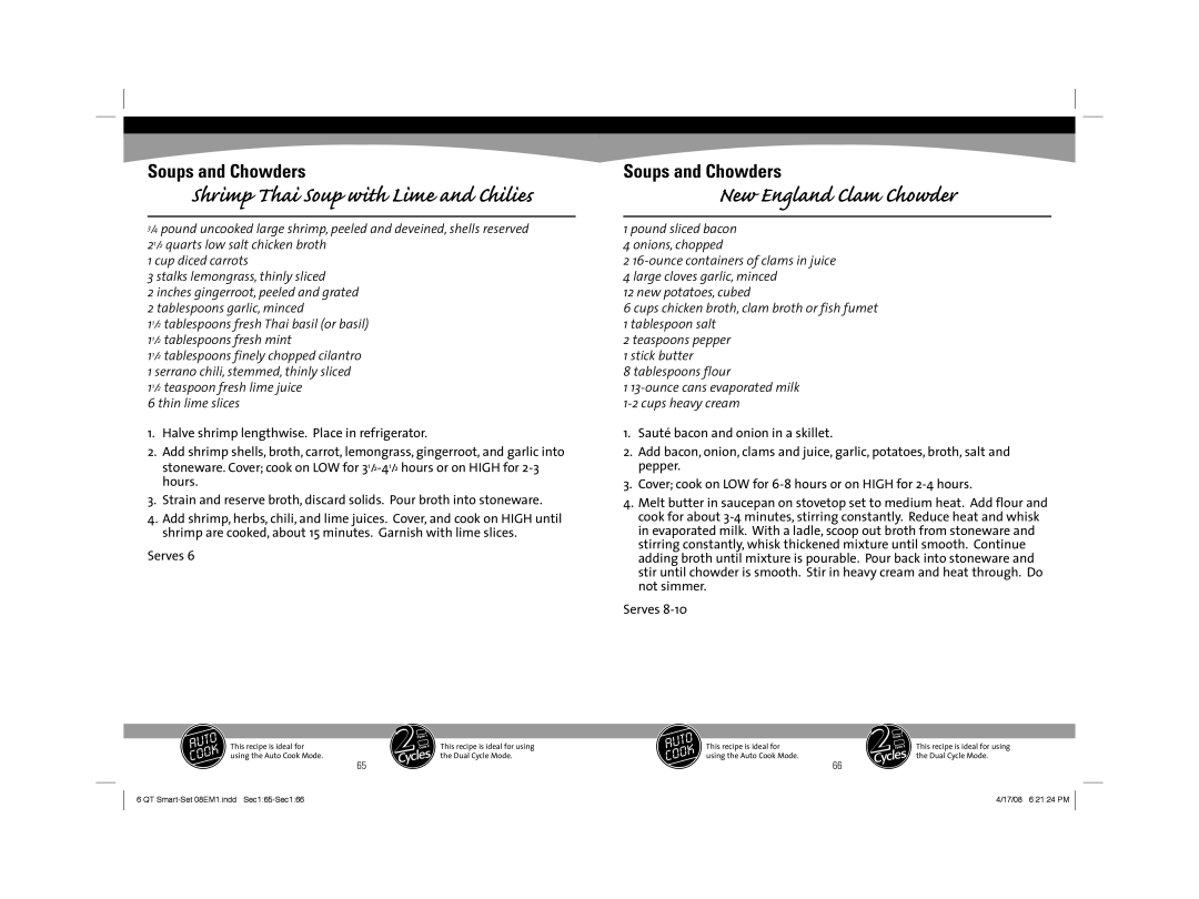 Sunbeam 08EM1 owner manual New England Clam Chowder, Shrimp Thai Soup with Lime and Chilies 