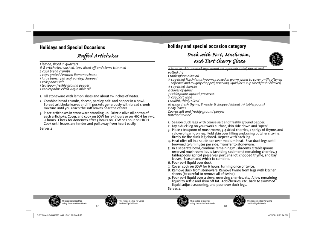 Sunbeam 08EM1 owner manual Stuffed Artichokes, Duck with Port, Mushroom, and Tart Cherry Glaze 