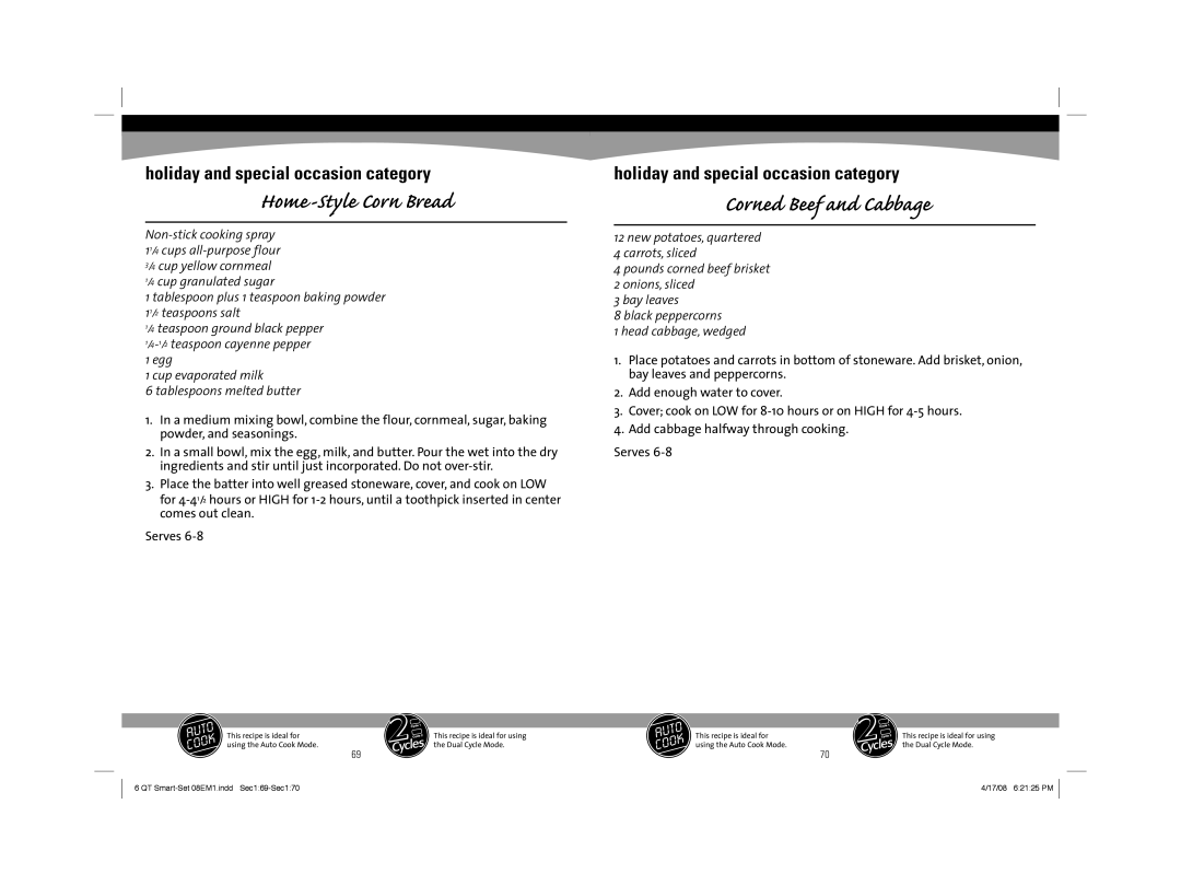 Sunbeam 08EM1 owner manual Home-Style Corn Bread, Corned Beef and Cabbage 