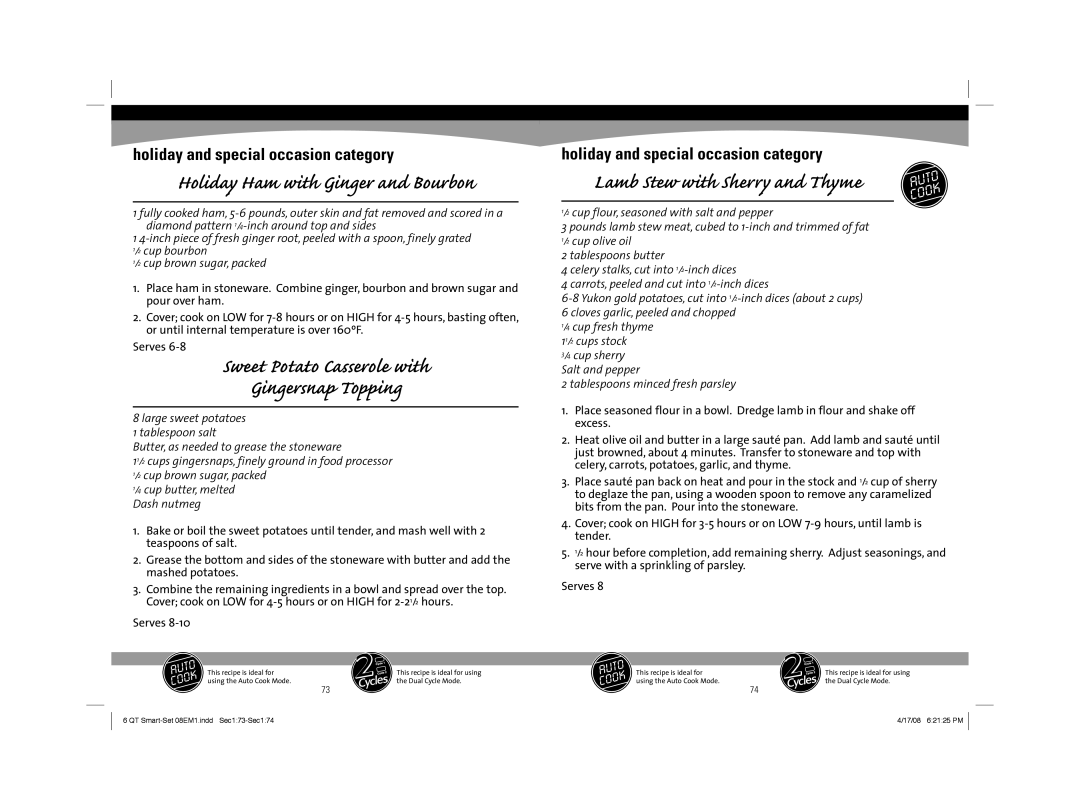 Sunbeam 08EM1 owner manual Sweet Potato Casserole with Gingersnap Topping, Lamb Stew with Sherry and Thyme 