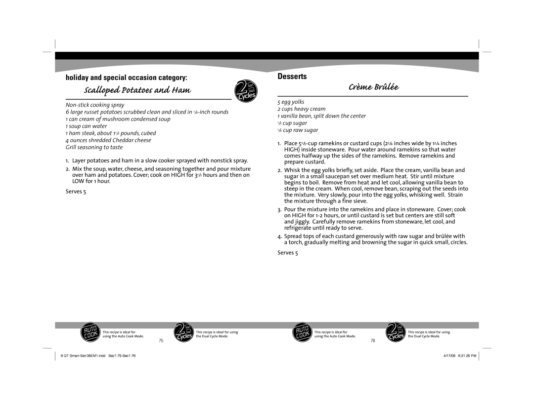 Sunbeam 08EM1 owner manual Scalloped Potatoes and Ham, Crème Brûlée, Holiday and special occasion category 