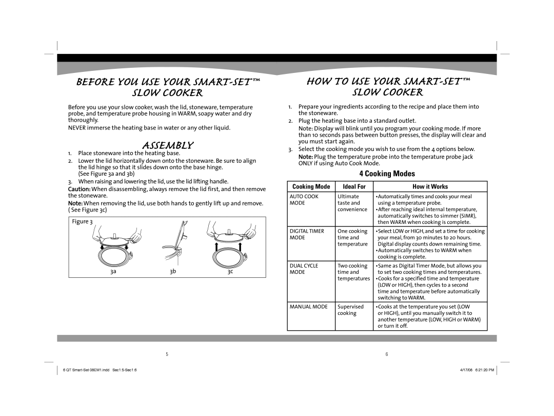 Sunbeam 08EM1 owner manual Slow Cooker, Cooking Modes 