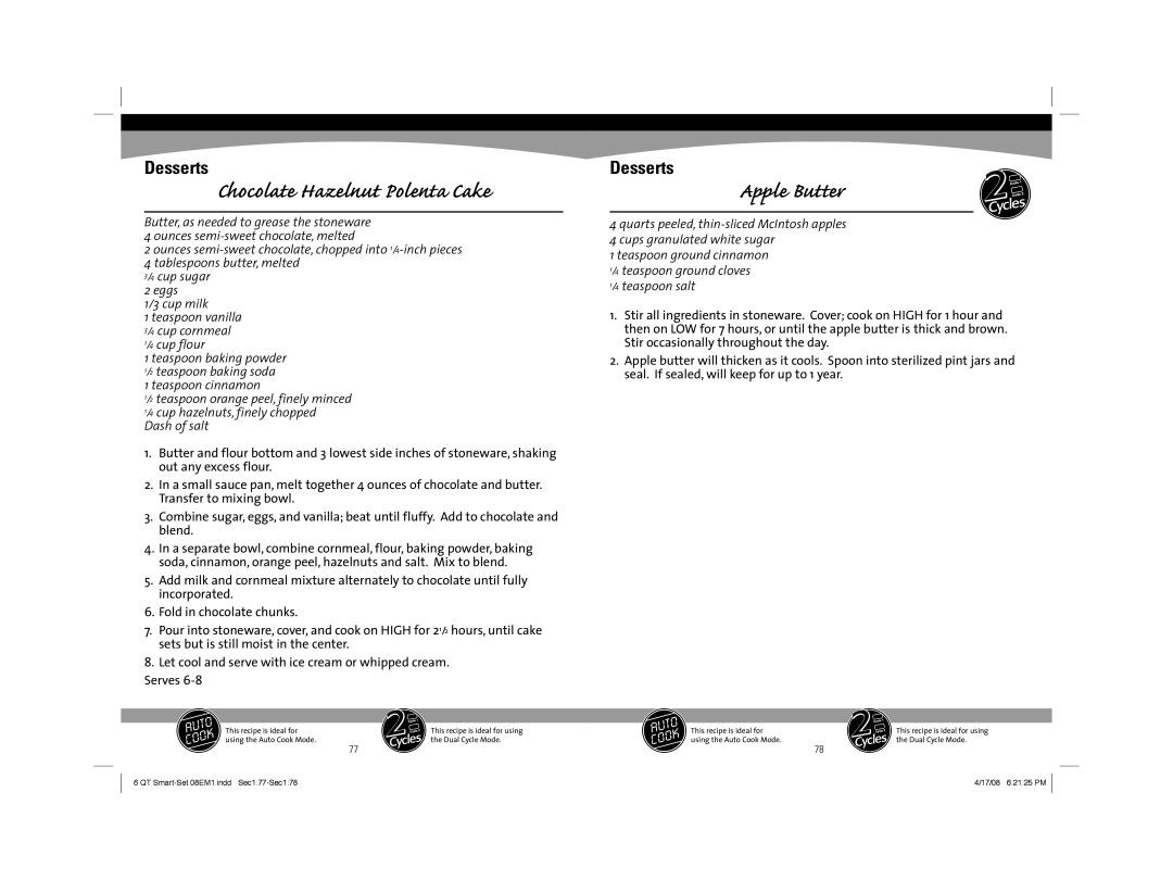 Sunbeam 08EM1 owner manual Apple Butter, Chocolate Hazelnut Polenta Cake 