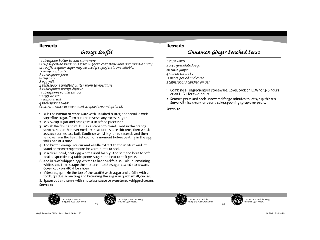 Sunbeam 08EM1 owner manual Orange Soufﬂé, Cinnamon Ginger Poached Pears 
