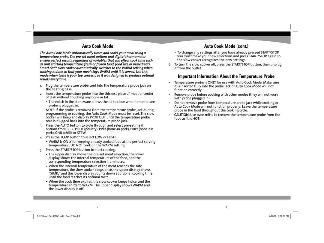 Sunbeam 08EM1 owner manual Auto Cook Mode, Important Information About the Temperature Probe 