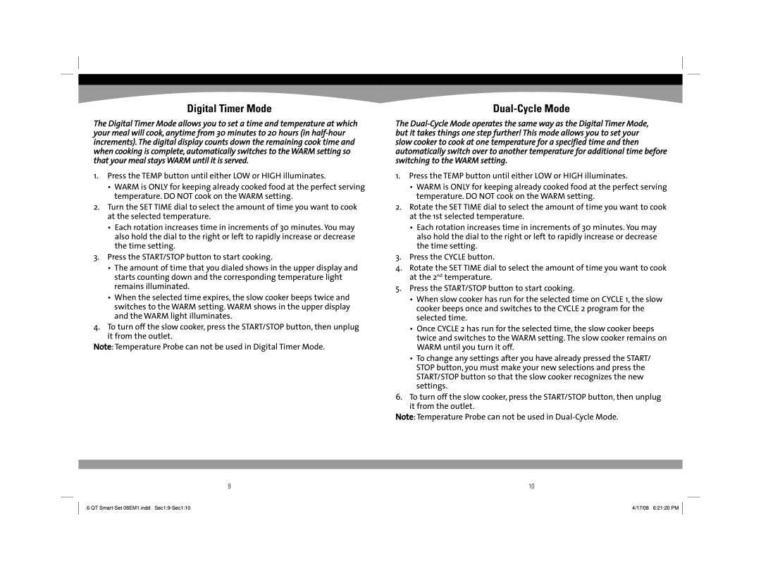 Sunbeam 08EM1 owner manual Digital Timer Mode, Dual-Cycle Mode 