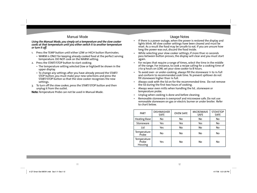 Sunbeam 08EM1 owner manual Manual Mode, Usage Notes 