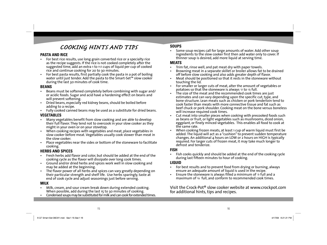 Sunbeam 08EM1 owner manual Cooking Hints and Tips 