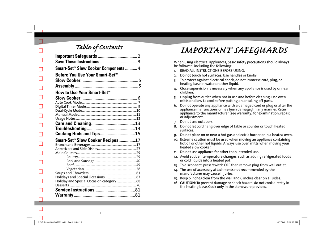 Sunbeam 08EM1 Table of Contents, Before You Use Your Smart-Set, How to Use Your Smart-Set, Smart-Set Slow Cooker Recipes 