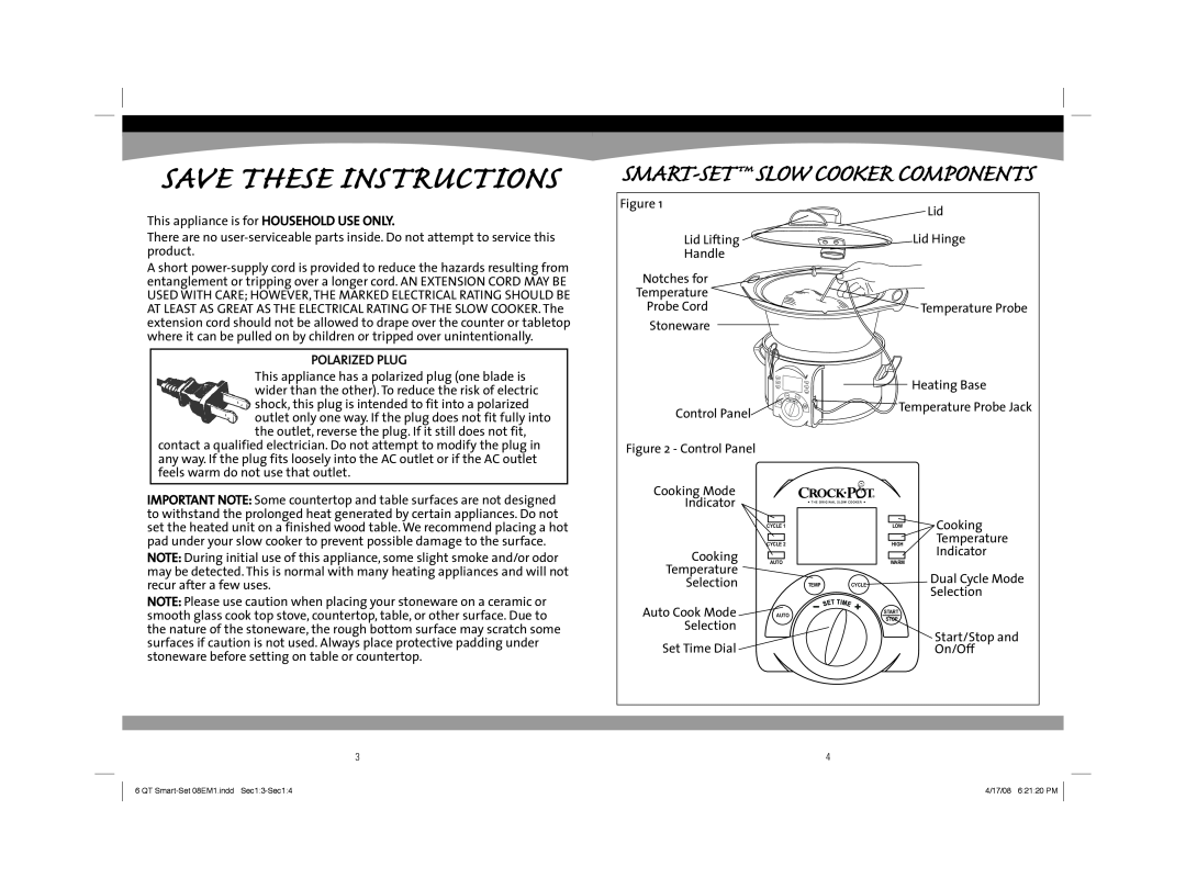 Sunbeam 08EM1 owner manual Smart-Set Slow Cooker Components, Save These Instructions 