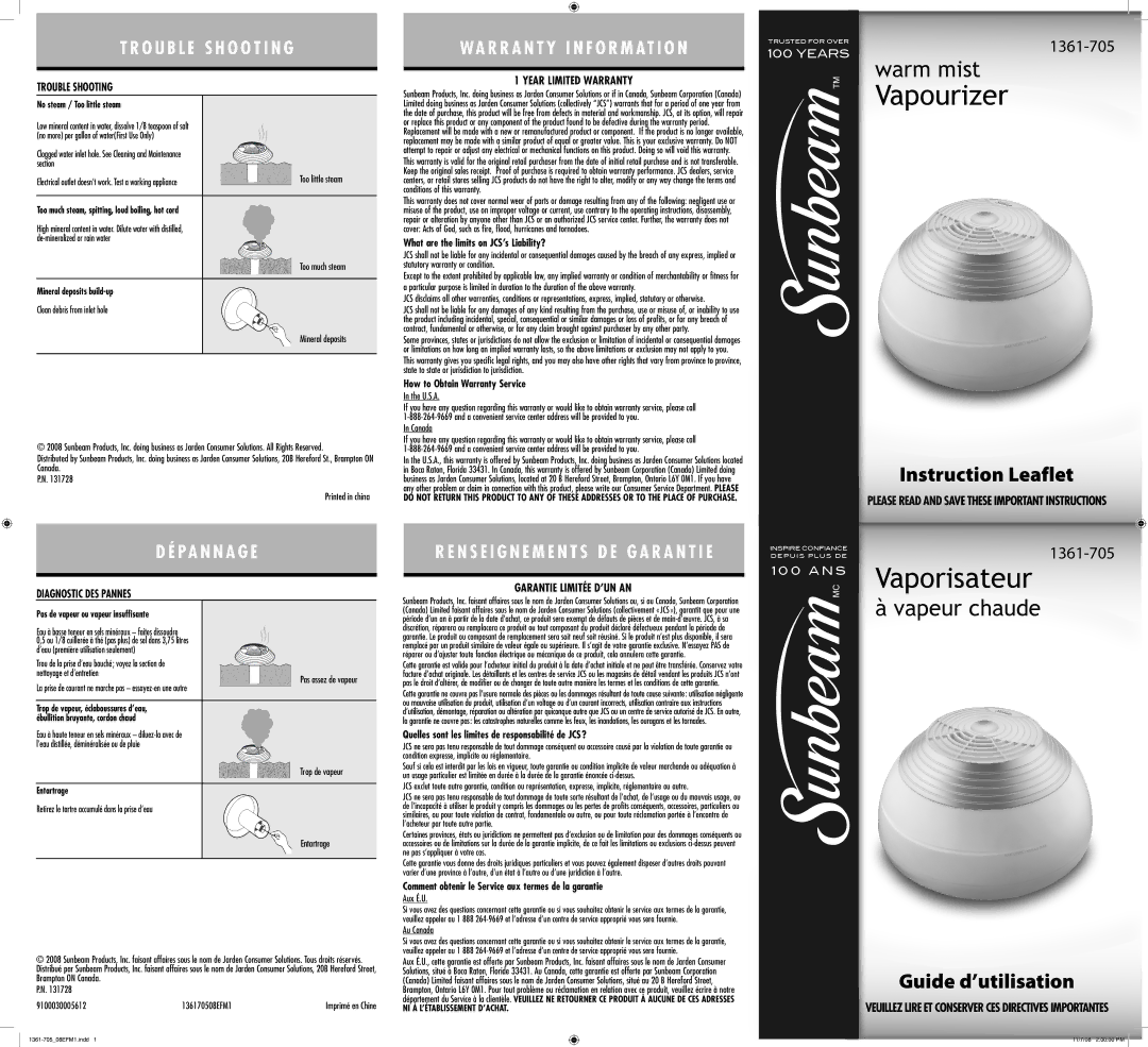 Sunbeam 1361-705 warranty Trouble Shooting, Year Limited Warranty, Diagnostic DES Pannes, Garantie Limitée D’UN AN 