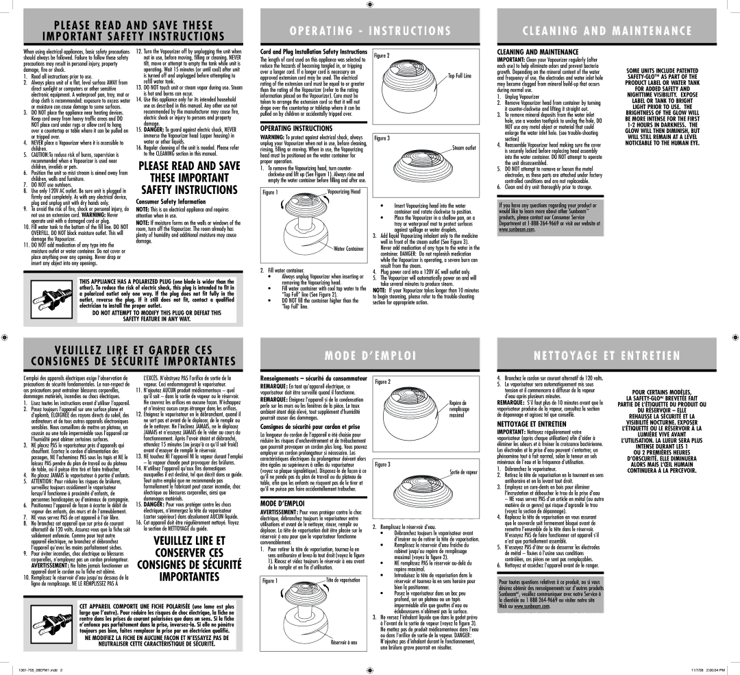 Sunbeam 1361-705 warranty Cleaning and Maintenance, Operating Instructions, Mode D’EMPLOI, Nettoyage ET Entretien 