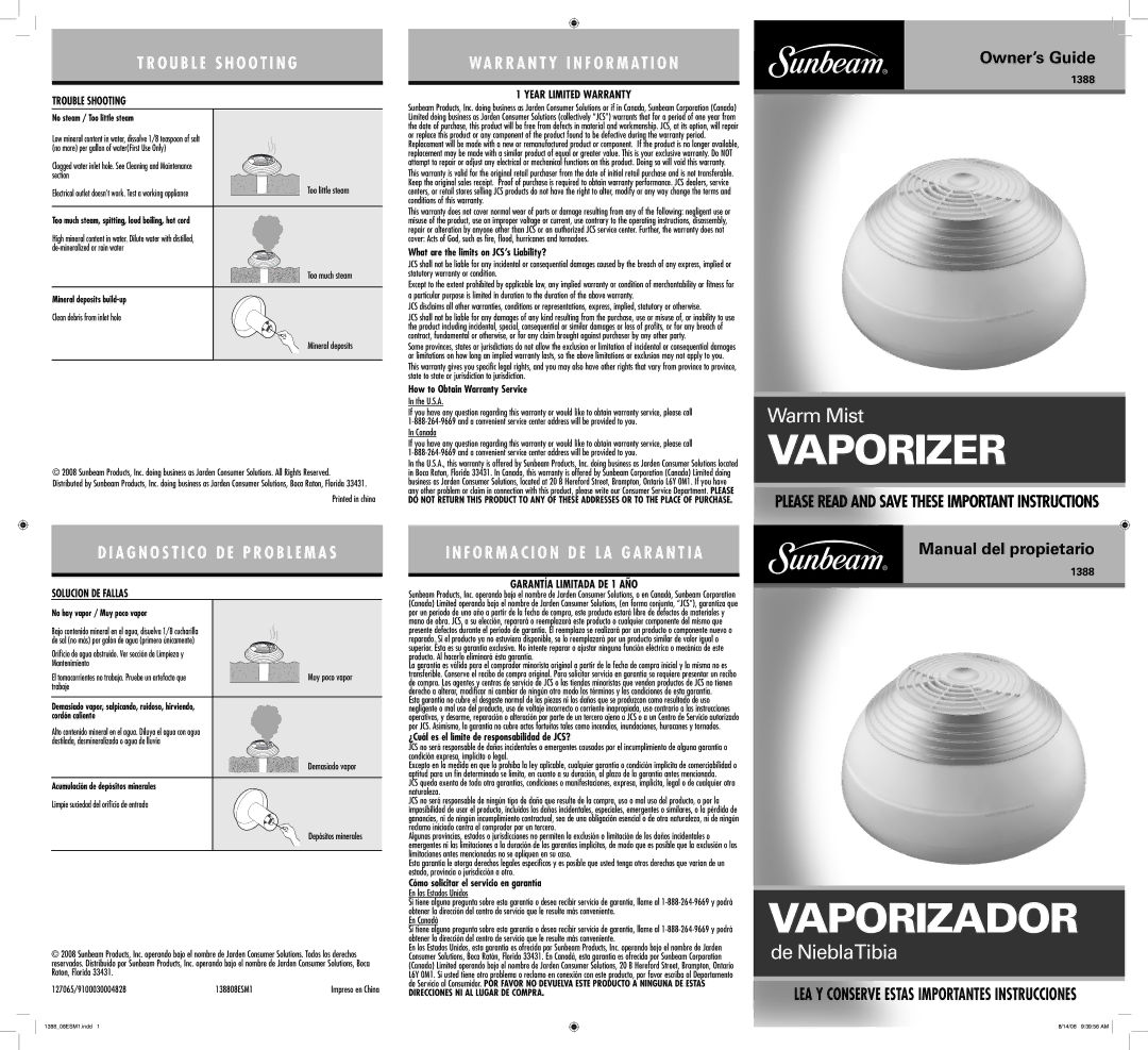 Sunbeam 1388 warranty Trouble Shooting, Solucion DE Fallas, Year Limited Warranty, Garantía Limitada DE 1 AÑO 