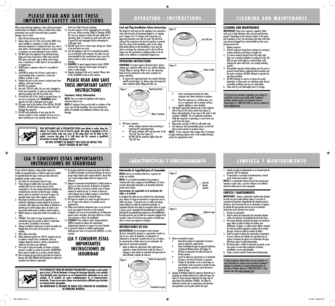 Sunbeam 1388 warranty Operating Instructions, Cleaning and Maintenance, Instrucciones DE USO, Limpieza Y Mantenimiento 