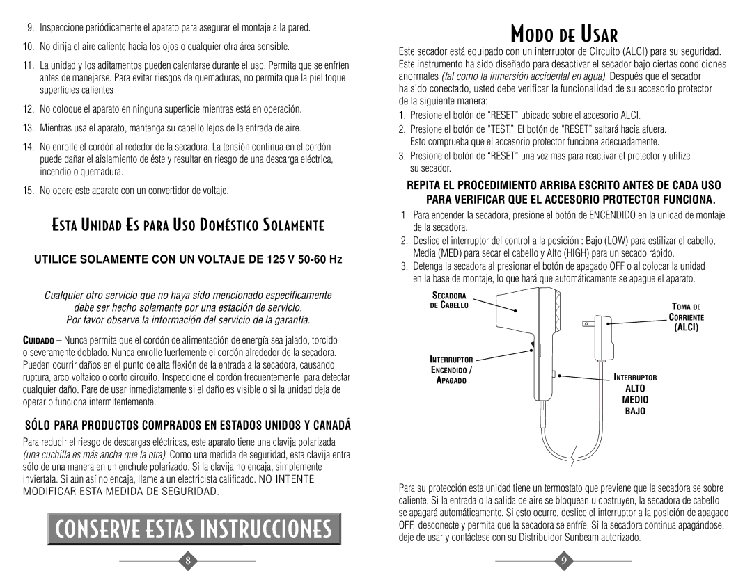 Sunbeam 1622 Modo DE Usar, Esta Unidad ES Para USO Doméstico Solamente, Utilice Solamente CON UN Voltaje DE 125 V 50-60 HZ 