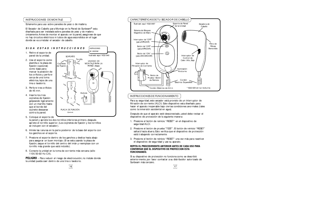 Sunbeam 1632 Instrucciones DE Montaje, Caracteristicas DE TU Secador DE Cabello, G a E S T a S I N S T R U C C I O N E S 