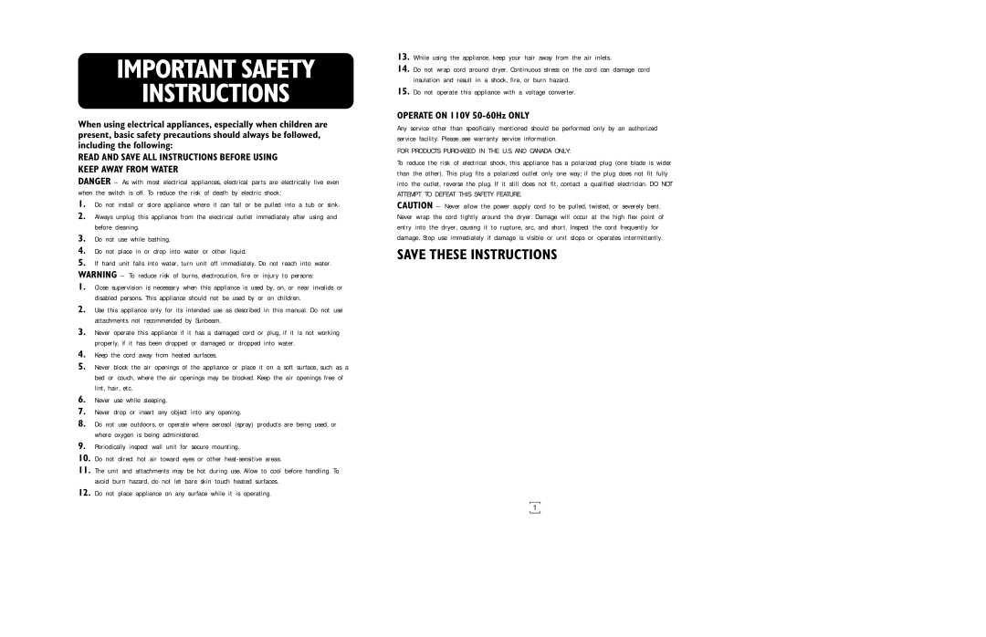 Sunbeam 1632 instruction manual Important Safety Instructions, Operate on 110V 50-60Hz only 