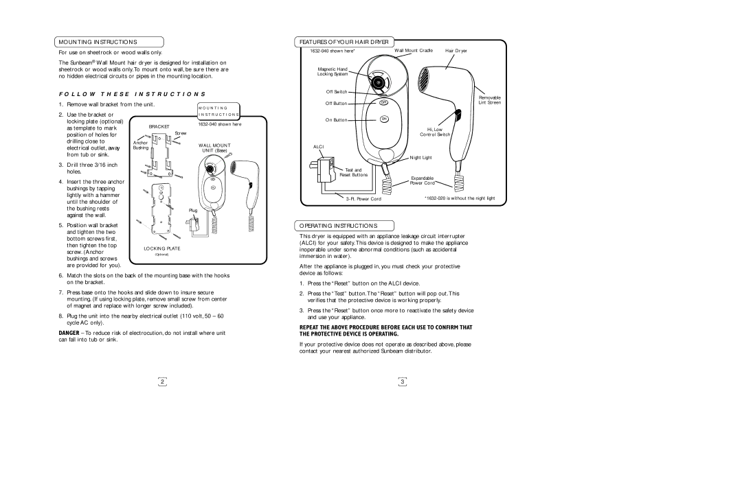 Sunbeam 1632 Mounting Instructions, L L O W T H E S E I N S T R U C T I O N S, Features of Your Hair Dryer 